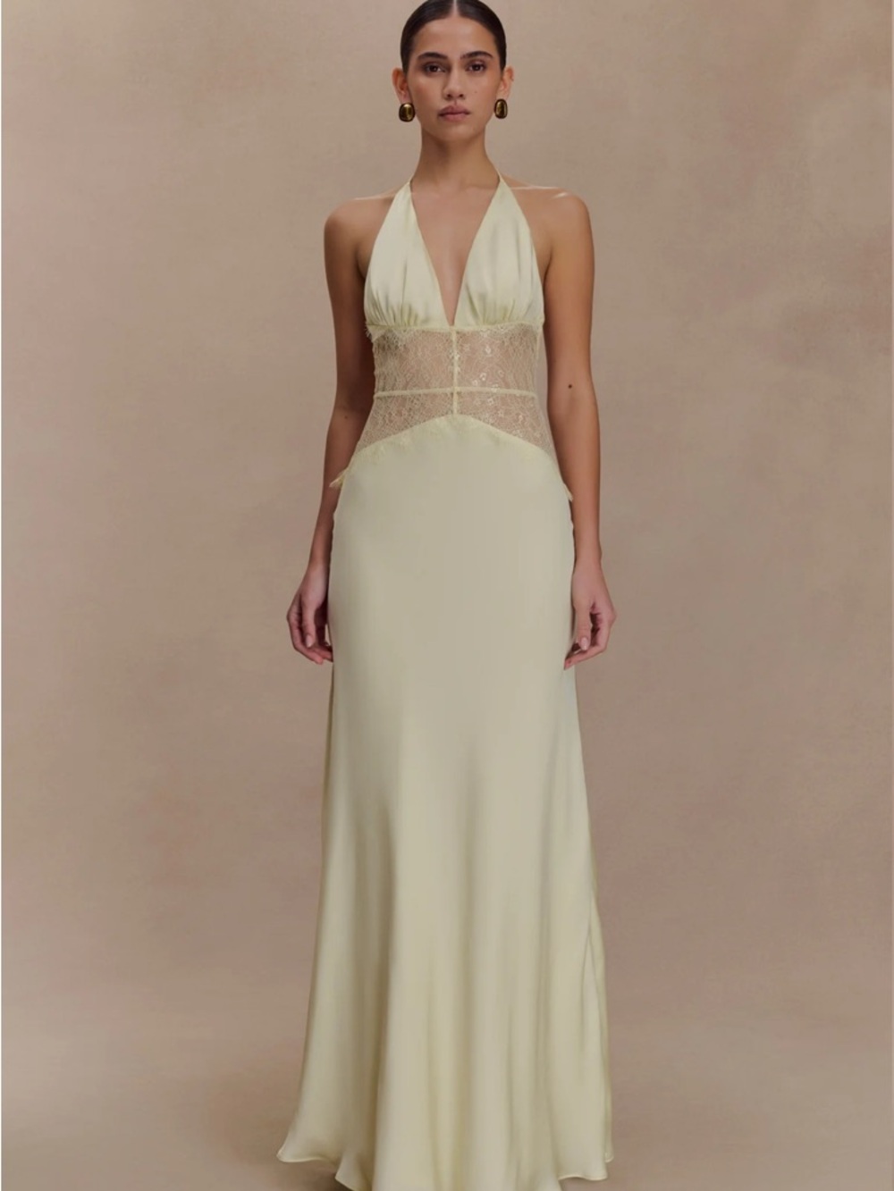 Meshki Pale Yellow Halterneck Lace-Panel Maxi Dress